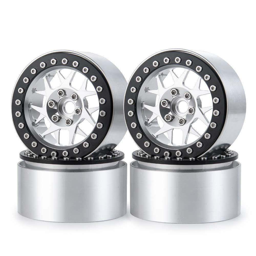 RCLIONS 2.2inch Beadlock Wheels Rims 35mm for 1/10th Scale RC Crawler Model Car Wraith 90018 -Pack of 4 (Black+silver)
