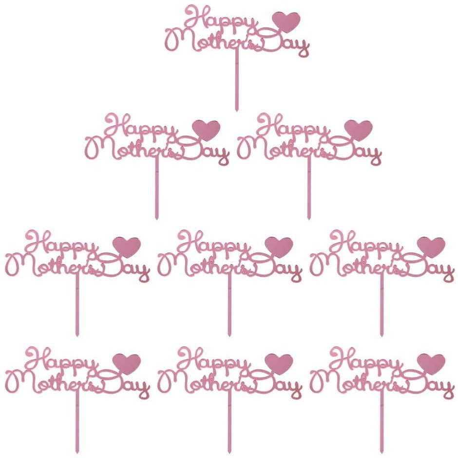 10pcs Happy Mothers Day Cake Toppers Acrylic Cake Picks for Mothers Day Birthday Cake Decoration - Rose Gold