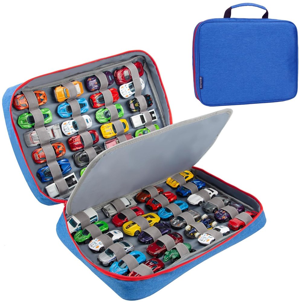 KISLANE Car Storage Case Organizer for 48 Vehicles Portable 1:64 Scale Die-Cast Collection Carrying Case with Elastic Slots, Travel Storage Bag for Collectors, Blue