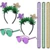 Mardi Gras Accessory Set 2 Pieces Mardi Gras Headbands and 6 Pieces Mardi Gras Beads Necklaces and 2 Pair Mardi Gras Glasses view 1