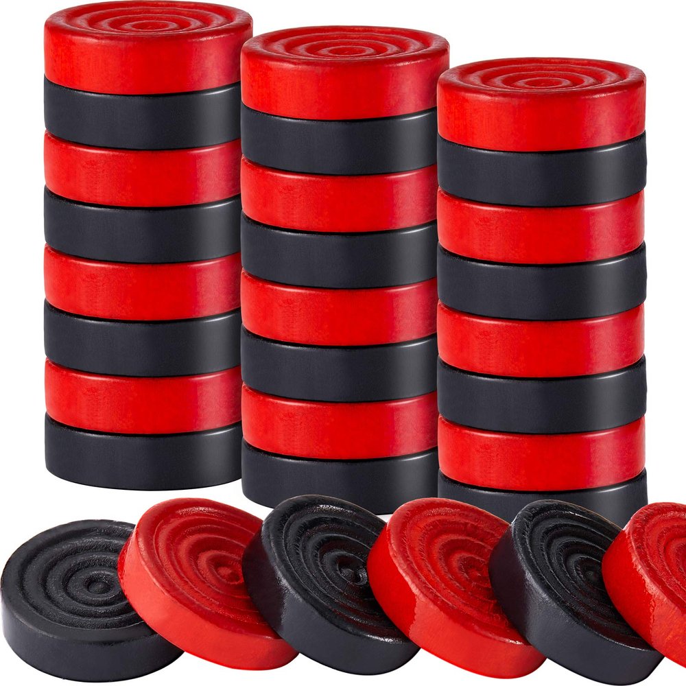 24 Pieces Wooden Checkers Pieces 1.06 Inch Checkers Board Game Pieces Stackable Ridge in Drawstring Storage Pouch, Red and Black