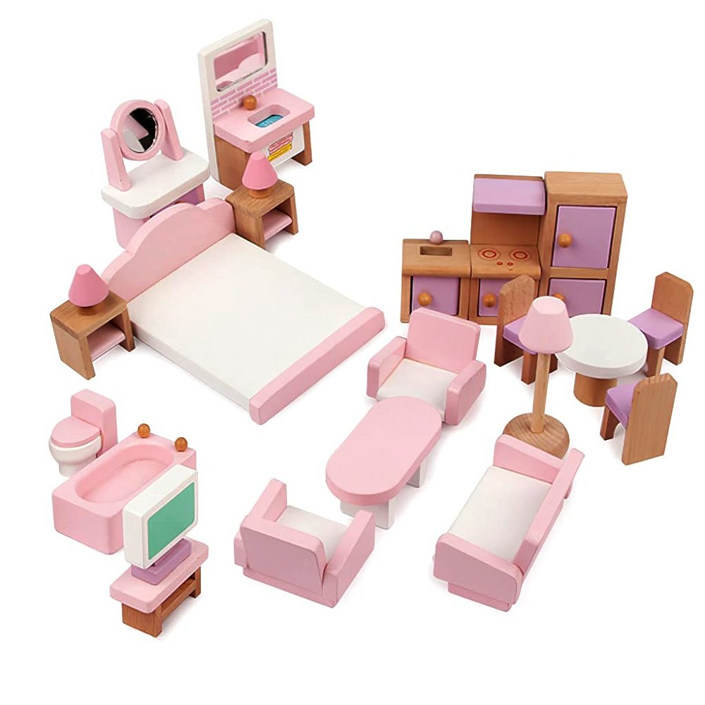 22 Pieces Wooden Mini Furniture Accessories 1:12 Scale Mini Wooden Furnishings for Mini Living Room,Kitchen,Dining Room,Bedroom,Bathroom