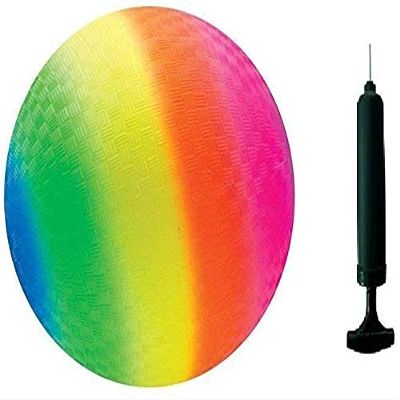Toys+ 8.5 Inch Playground Balls Red, Blue, Green, Yellow and Rainbow! (1 Ball, Rainbow Ball + Pump)