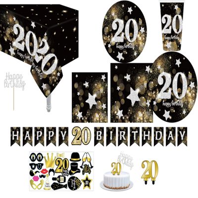 20th Birthday Party Supplies for 30 Guests  Complete Pack with 9" & 7" Plates, 12 oz Cups, Napkins, Table Cover, Banner, Cake Topper, Candle & Photo Props  Happy 20th Birthday Decorations