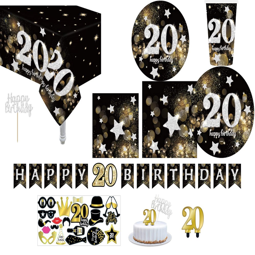 20th Birthday Party Supplies for 30 Guests Complete Pack with 9" & 7" Plates, 12 oz Cups, Napkins, Table Cover, Banner, Cake Topper, Candle & Photo Props Happy 20th Birthday Decorations