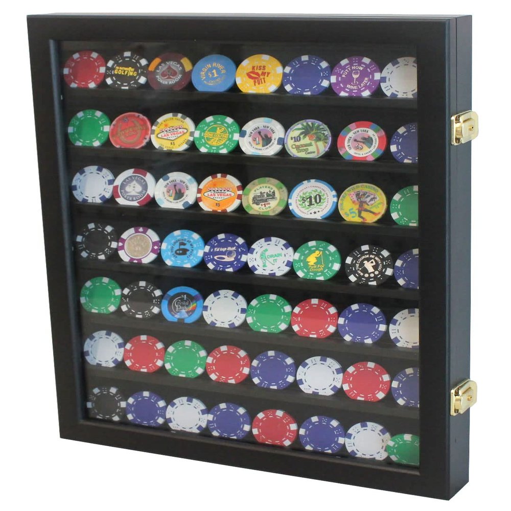 DisplayGifts Casino Coin Poker Chips Display Case Military Medal Pin Display Wall Cabinet Holder Wooden Box with 98% UV Protection Door, Lockable with Key Solid Wood Frame (Black Finish)