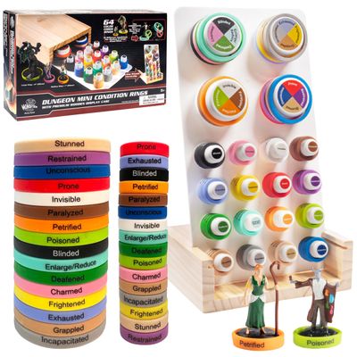Deluxe Condition Rings w Wooden Case (64 Rings for Standard & Large) - 16 Conditions, DND Flexible Design- Easy Affix Base Slides Under Figure- Works with Dungeons Dragons, Pathfinder & All RPG Games