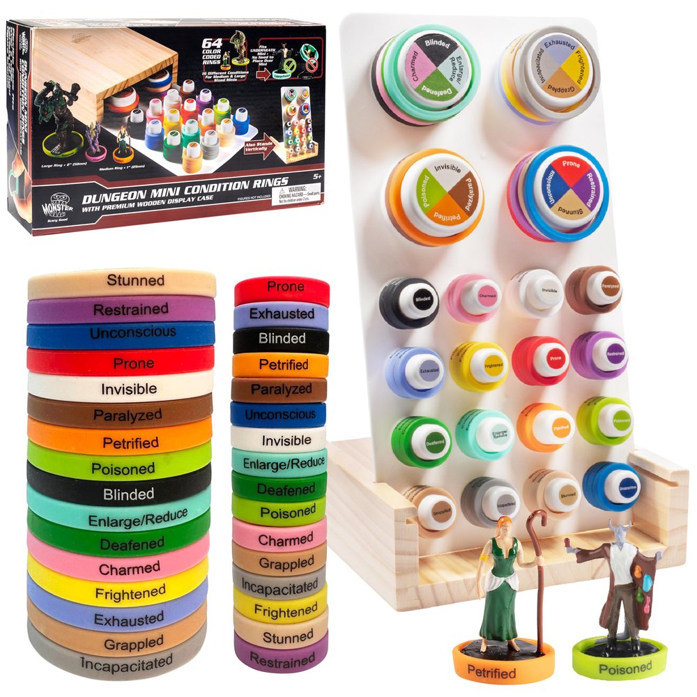 Deluxe Condition Rings w Wooden Case (64 Rings for Standard & Large) - 16 Conditions, DND Flexible Design- Easy Affix Base Slides Under Figure- Works with Dungeons Dragons, Pathfinder & All RPG Games