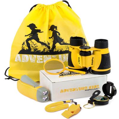 Adventure Kidz Outdoor Exploration Kit, Childrens Binoculars, Flashlight, Compass, Fox Whistle, Magnifying Glass, Backpack. Great Gift Set for STEM, Pretend Play