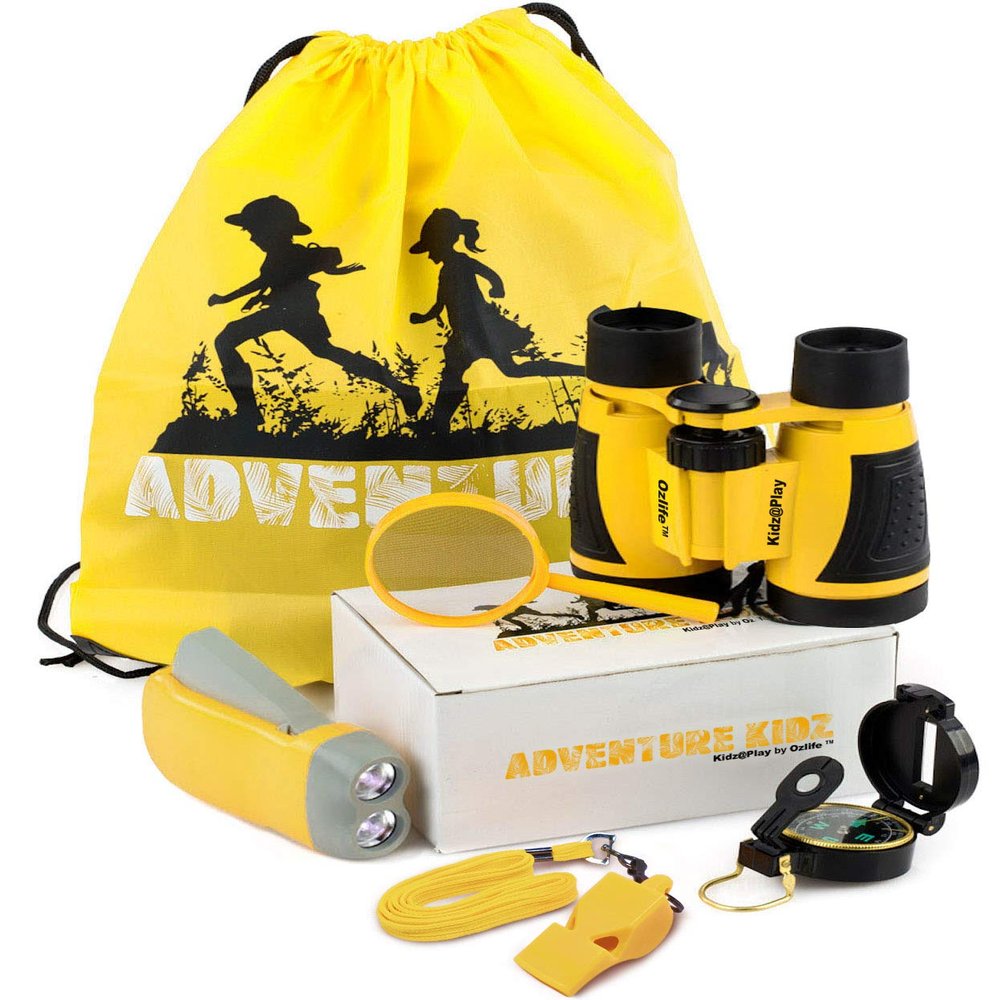 Adventure Kidz Outdoor Exploration Kit, Childrens Binoculars, Flashlight, Compass, Fox Whistle, Magnifying Glass, Backpack. Great Gift Set for STEM, Pretend Play