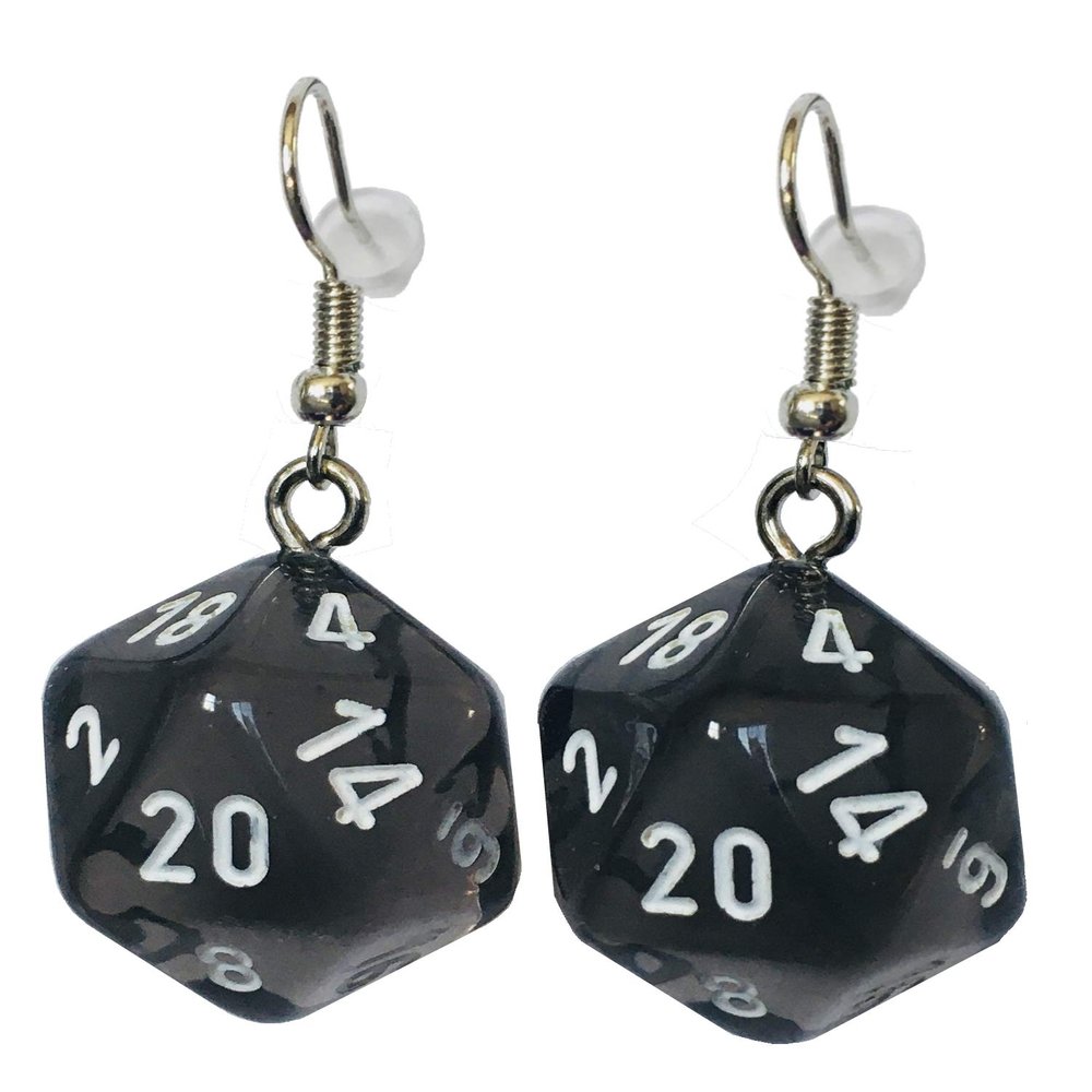 d20 Dice Earrings - Hook with Earnuts (Grey (White #s))
