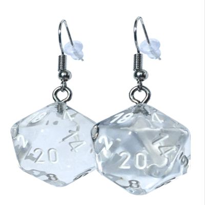 d20 Dice Earrings - Hook with Earnuts (Clear/Colorless)