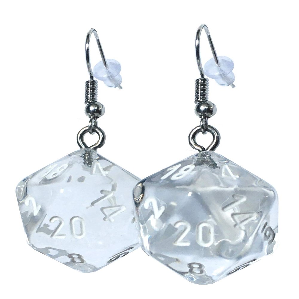 d20 Dice Earrings - Hook with Earnuts (Clear/Colorless)
