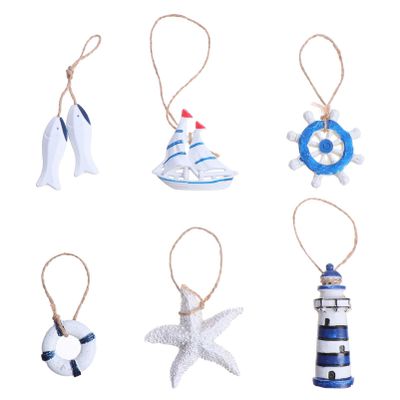 6pcs Small Nautical Hanging Decorations Miniatures Mediterranean Sailboat Fish Wheel Anchor Lighthouse Ornament Coastal Wall Decorations
