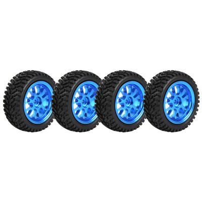 DAUERHAFT 4 Piece Assembled RC Crawler Tires and Wheels Set for 1:18 Scale RC Cars - Blue 1.7 Inch Rubber Tire and Wheel Sets