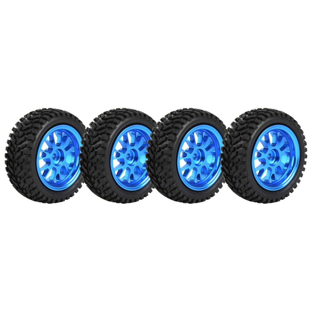DAUERHAFT 4 Piece Assembled RC Crawler Tires and Wheels Set for 1:18 Scale RC Cars - Blue 1.7 Inch Rubber Tire and Wheel Sets