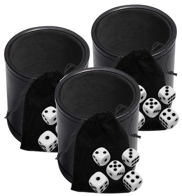 Cyber-Deals Black PU Leather Dice Cup with 16mm White Dice Black Pips Plus Storage Pouch Set (3 Sets)