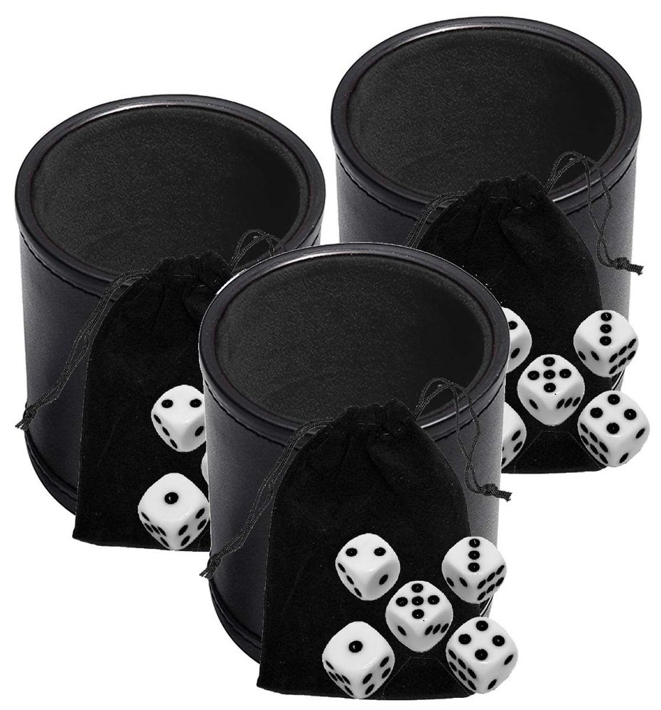 Cyber-Deals Black PU Leather Dice Cup with 16mm White Dice Black Pips Plus Storage Pouch Set (3 Sets)