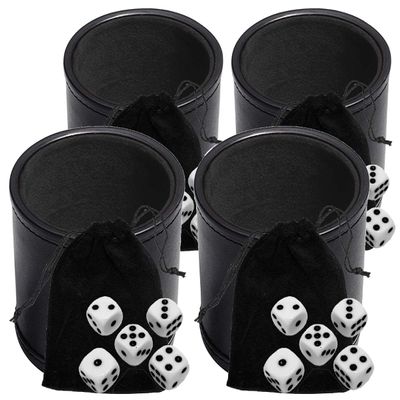 Cyber-Deals Black PU Leather Dice Cup with 16mm White Dice Black Pips Plus Storage Pouch Set (4 Sets)