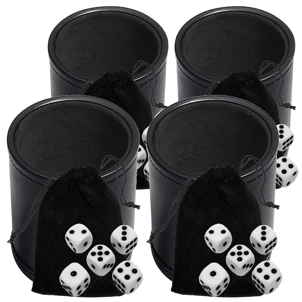 Cyber-Deals Black PU Leather Dice Cup with 16mm White Dice Black Pips Plus Storage Pouch Set (4 Sets)