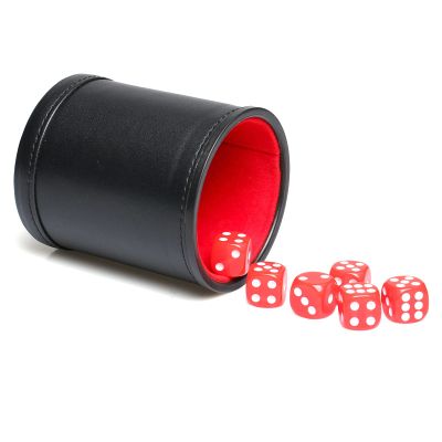 RERIVER Leather Dice Cup Set Red Felt Lining Quiet Dice Shaker Cup with 6 Red Standard Dot Dice for Farkle Yahtzee Games, 1 Pack