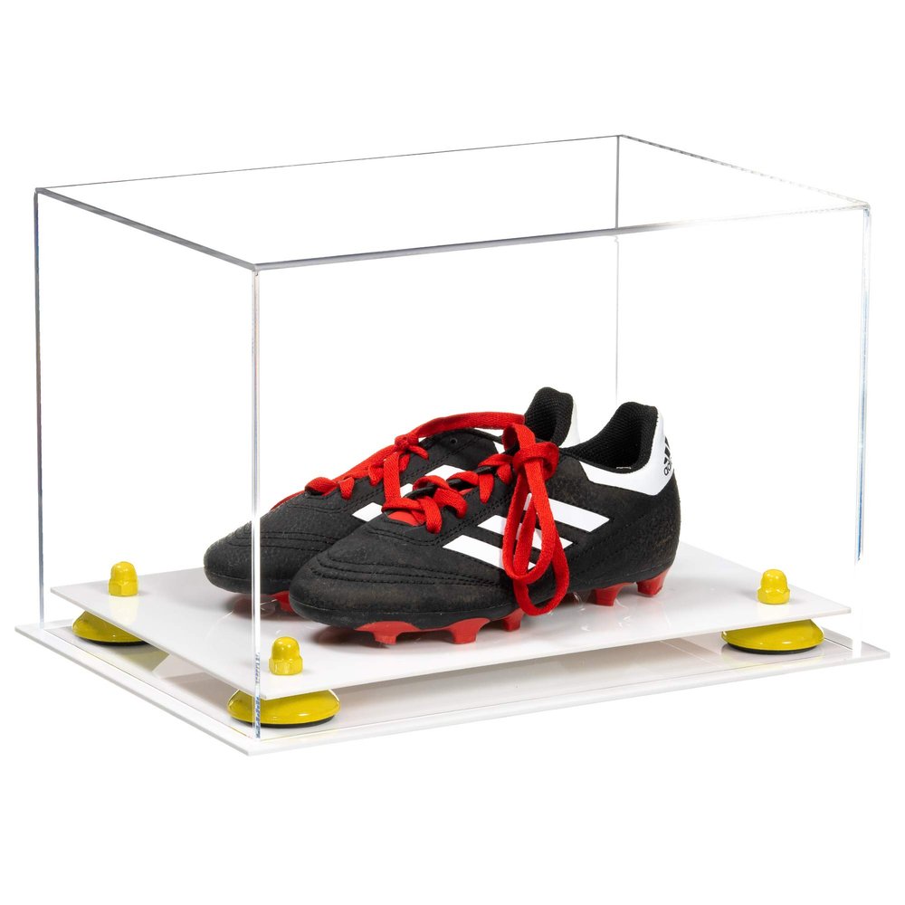Better Display Cases Acrylic Kids Shoes Display Case - Medium Rectangle Box with Clear Case, Yellow Risers and White Base 12" x 8.25" x 8" (A004, V41)