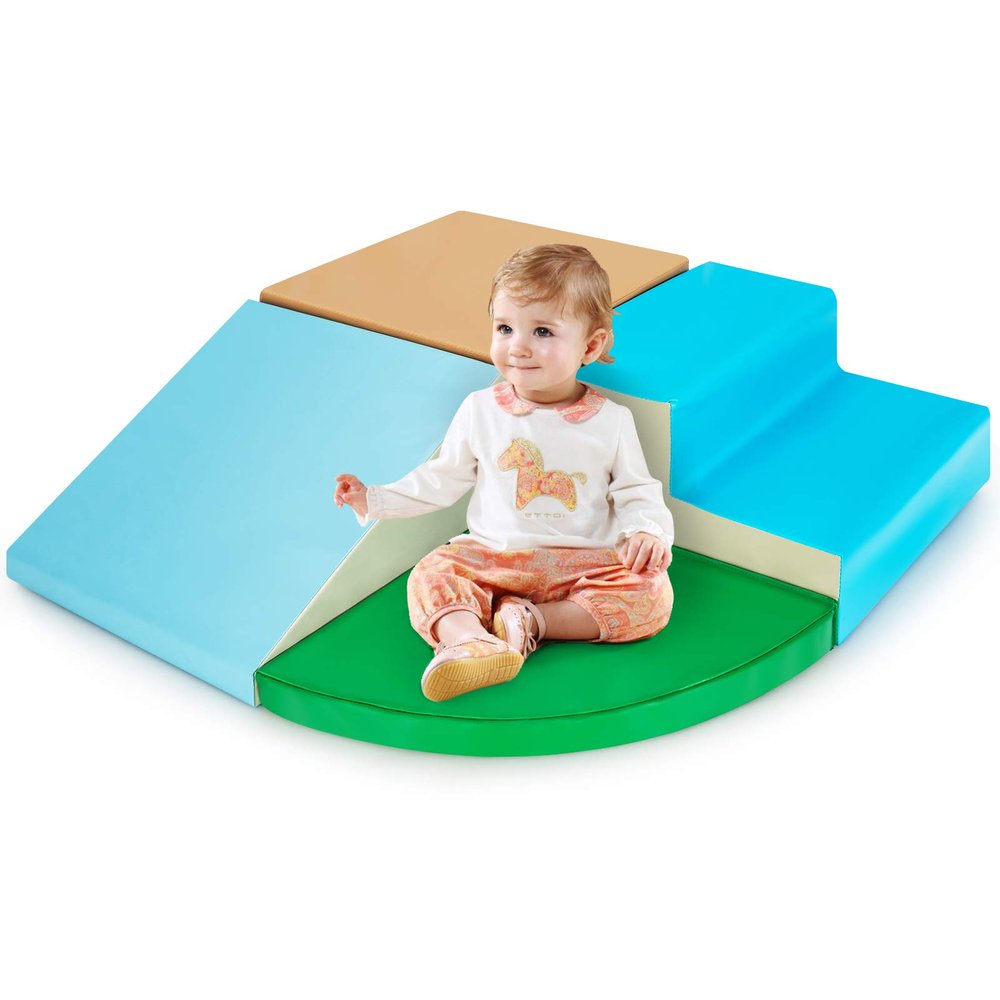 Costzon Climb and Crawl Foam Play Set, 4-Piece Soft Toddler Corner Climber Indoor Active Play Structure for Babies & Toddlers, Great for Climbing, Sliding and Physical Activity (Blue + Green + Coffee)