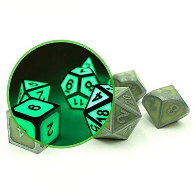 Metal Glow in The Dark Green Dice Set with Display Box | Metal 7-Piece Dice Set for RPG Gaming