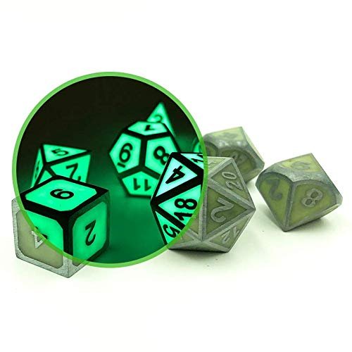 Metal Glow in The Dark Green Dice Set with Display Box | Metal 7-Piece Dice Set for RPG Gaming
