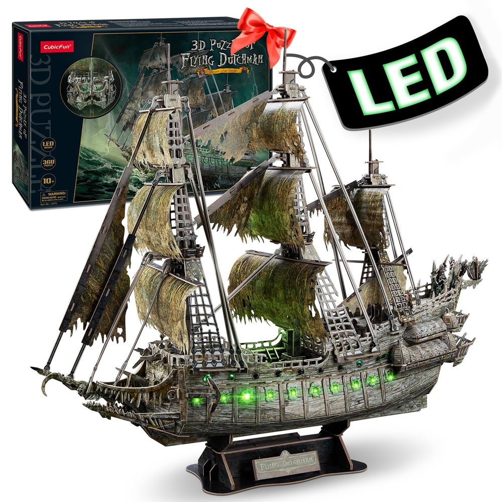 CubicFun 3D Puzzles for Adults Green LED Flying Dutchman, 360 Pieces Pirate Ship Arts & Crafts for Adults Gifts for Men Women Model Kit, Lighting Ghost Ship Valentines Day Gifts for Him