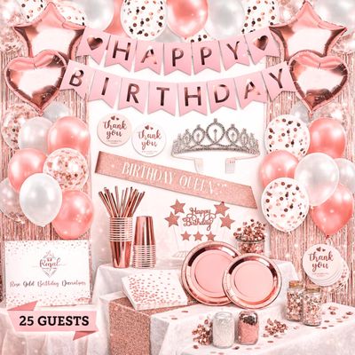 225 PC Rose Gold Birthday Party Decorations Kit for Girls, Teens, Women - Happy Birthday Banner, Curtains, Table Runner, Balloons, Sash, Tiara, Cake Topper, Plates, Cups, Napkins, Straws for 25 Guests