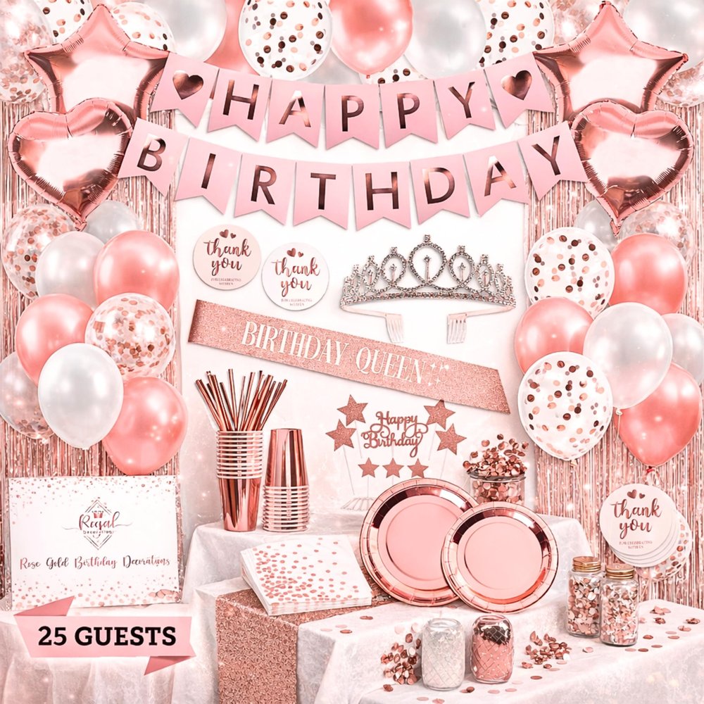 225 PC Rose Gold Birthday Party Decorations Kit for Girls, Teens, Women - Happy Birthday Banner, Curtains, Table Runner, Balloons, Sash, Tiara, Cake Topper, Plates, Cups, Napkins, Straws for 25 Guests