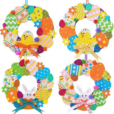12 Sets Easter Wreath Signs Decorations DIY Foam Easter Craft Kits Easter Eggs Bunny Chick Foam Stickers Pom-Poms Googly Eyes for Kids Classroom Home Activity Art Project Gift Easter Front Door Dcor