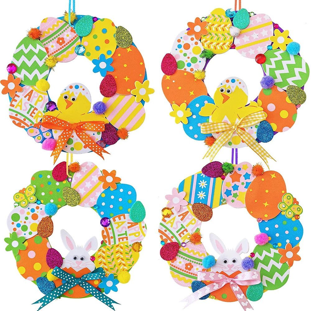 12 Sets Easter Wreath Signs Decorations DIY Foam Easter Craft Kits Easter Eggs Bunny Chick Foam Stickers Pom-Poms Googly Eyes for Kids Classroom Home Activity Art Project Gift Easter Front Door Dcor