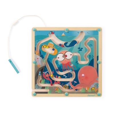 Janod - Magnetic Wooden Maze with Ocean Marbles 25x25 cm - Travel Entertainment - Enhances Fine Motor Skills - Develops Hand-Eye Coordination and Problem Solving - Safe and Durable