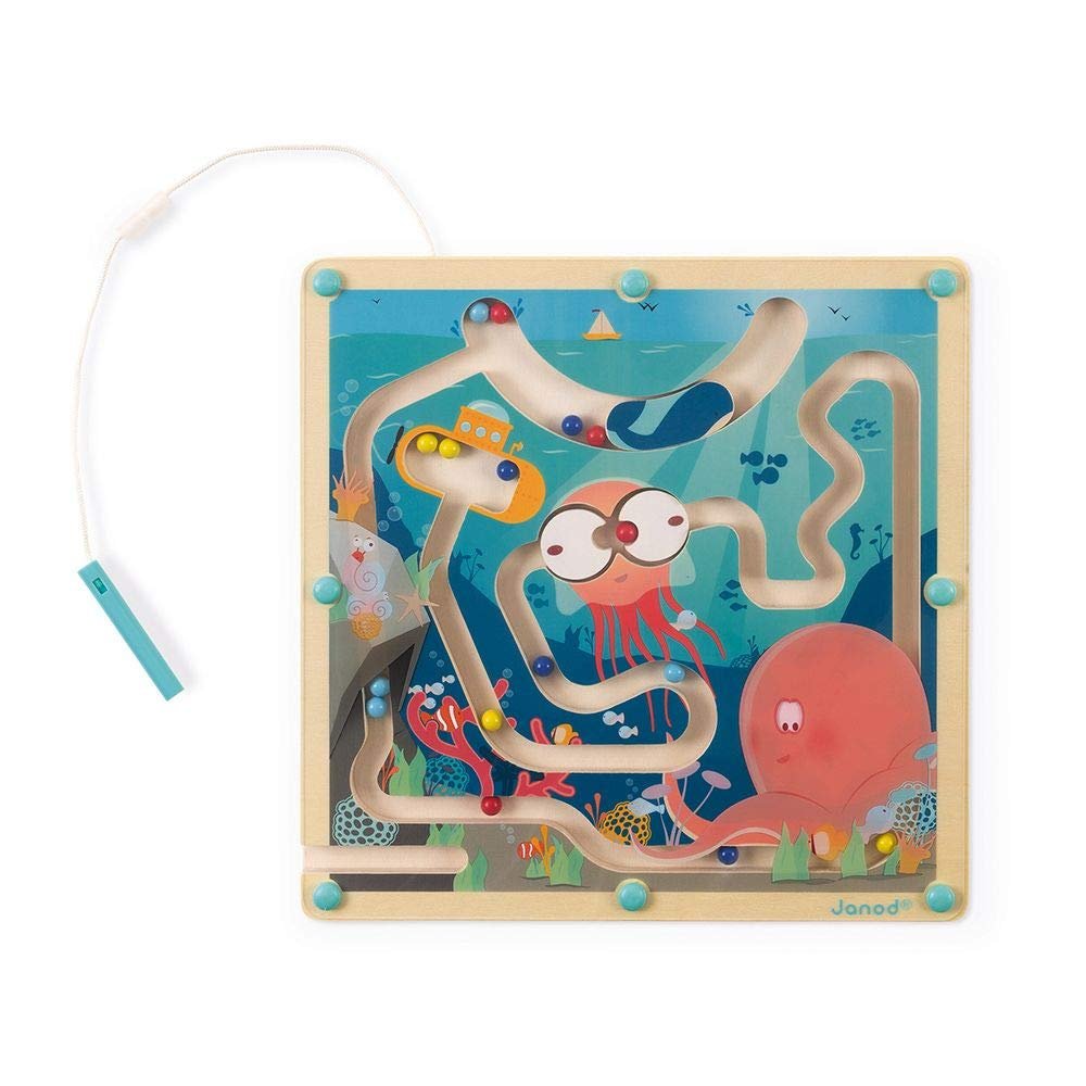 Janod - Magnetic Wooden Maze with Ocean Marbles 25x25 cm - Travel Entertainment - Enhances Fine Motor Skills - Develops Hand-Eye Coordination and Problem Solving - Safe and Durable