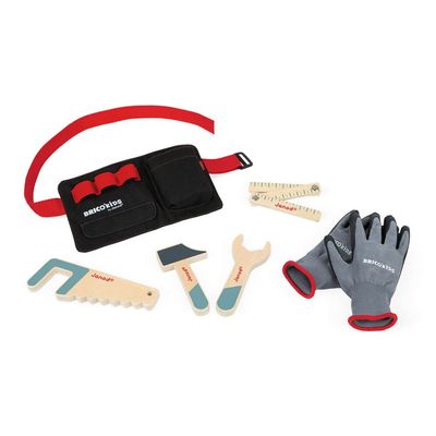 Janod Brico'kids DIY Tool Belt with 4 Wooden Tools and Gloves Set - Wood Construction Toys with Ruler, Gloves, Hammer, Saw, and Adjustable Tool Belt - Ages 3-6 Years - J06475