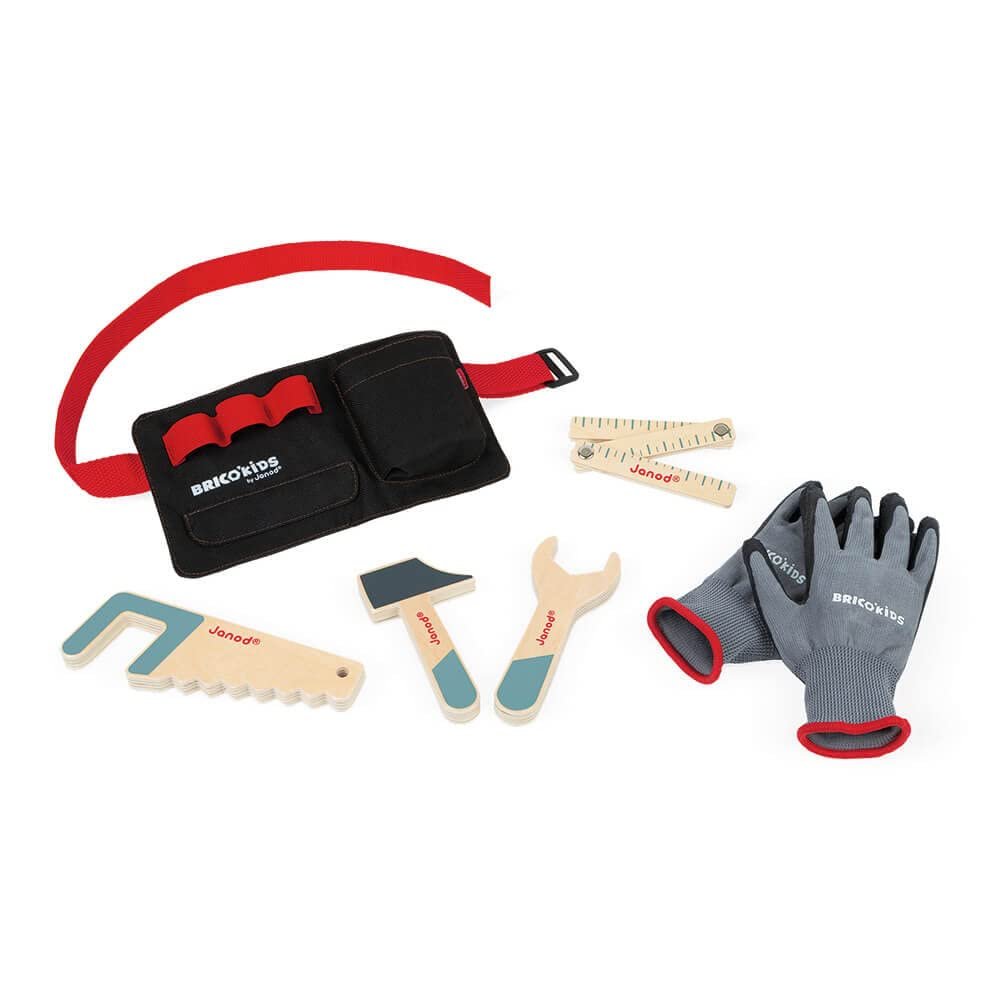 Janod Brico'kids DIY Tool Belt with 4 Wooden Tools and Gloves Set - Wood Construction Toys with Ruler, Gloves, Hammer, Saw, and Adjustable Tool Belt - Ages 3-6 Years - J06475