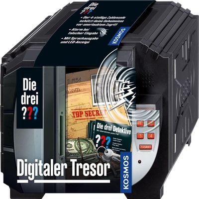 Die drei Digital safe from Kosmos, protect your secrets with a code and voice alarm, detective toy set for children from 8 years, mini safe
