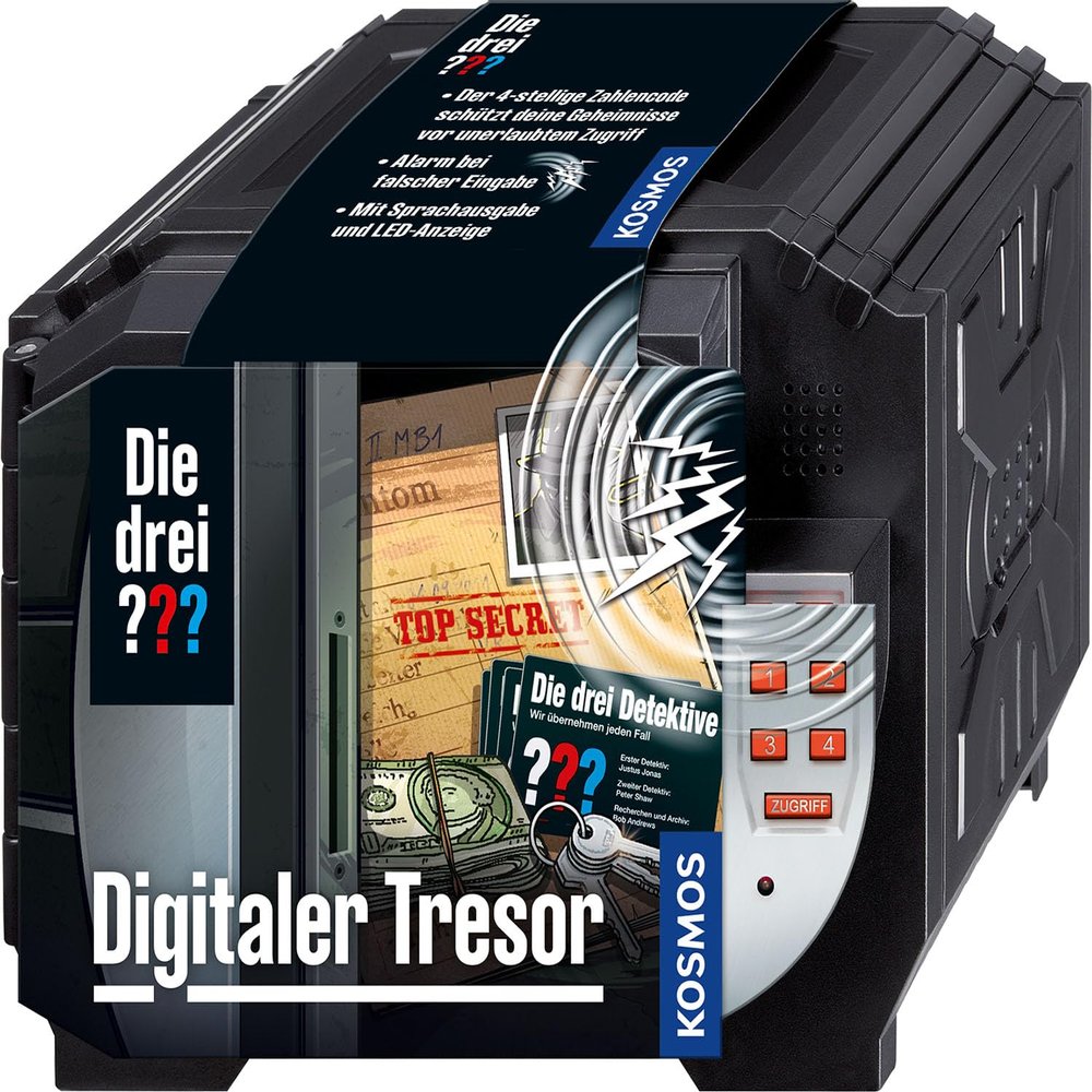 Die drei Digital safe from Kosmos, protect your secrets with a code and voice alarm, detective toy set for children from 8 years, mini safe