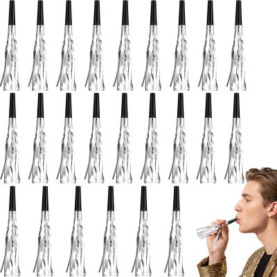 Skylety 24 Pcs New Years Party Blowers Noise Makers Silver Glitter Christmas Blowers for Sporting Events Funny Birthday Horns Metallic Fringed Blowouts for 2026 Party Supplies