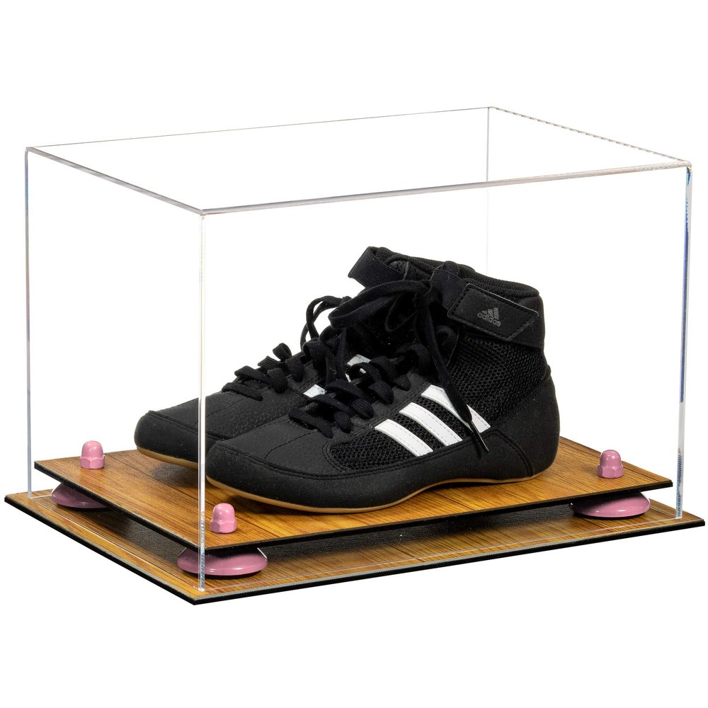 Better Display Cases Acrylic Kids Shoes Display Case - Medium Rectangle Box with Clear Case, Pink Risers and Wood Base 12" x 8.25" x 8" (A004, V41)
