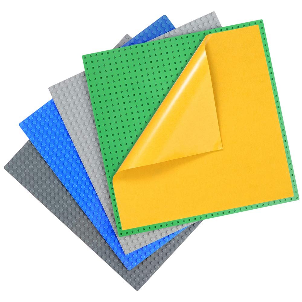 MIMAX Peel-and-Stick Baseplates - Self Adhesive Building Brick Plates - Compatible with All Major Brands - 4 Pack - 10 inch x 10 inch (Blue & Green & Dark Gray & Light Gray)