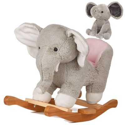 Baby Rocking Horse Wooden Rockers with Seat Elephant Rocking Horse Ride Plush Stuffed Animals Toy for Toddlers 1-3 (GrayElephant)