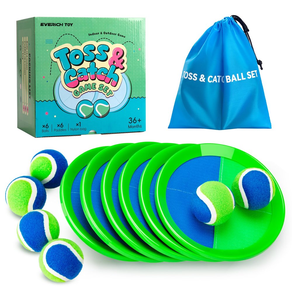 EVERICH TOY Upgraded Toss and Catch Ball Game Set, Kids Toy Stocking Stuffers for Boys Girls Ages 3-12, Includes 6 Paddles 6 Sticky Balls, Water-Resistant Indoor Outdoor Toy for Beach Pool Yard