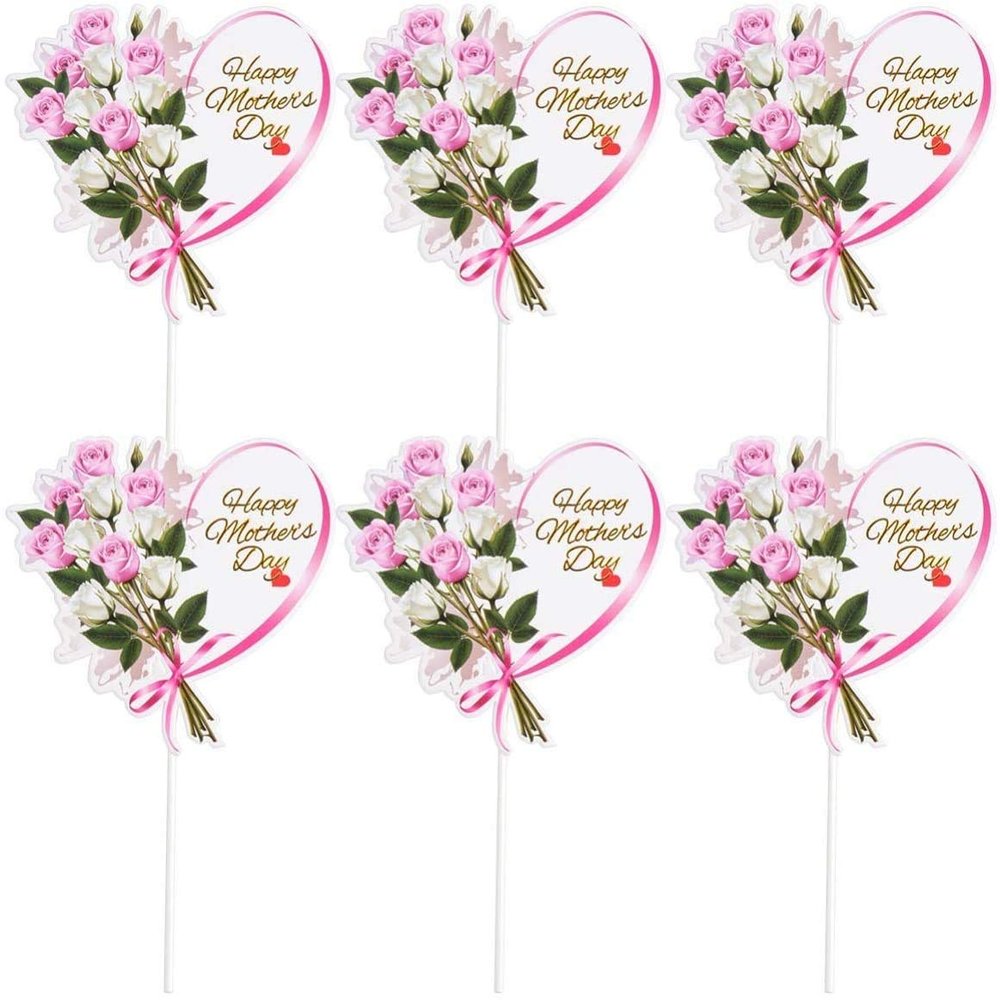 10pcs Happy Mother's Day Cake Topper Cupcake Picks for Mother's Day Birthday Party Supplies - Heart Card