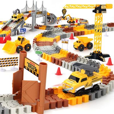 Construction Race Tracks Set, Flexible Train Tracks w/ 2 Electric Construction Race Vehicles w/Lights, STEM Engineering Race Track Toys with Dump Truck, Crane Assort Acessories for Boys Girls
