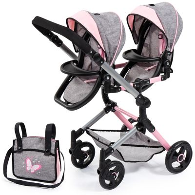 Bayer Twin Doll Pram Neo, Grey, Pink with Butterfly, Jean Look