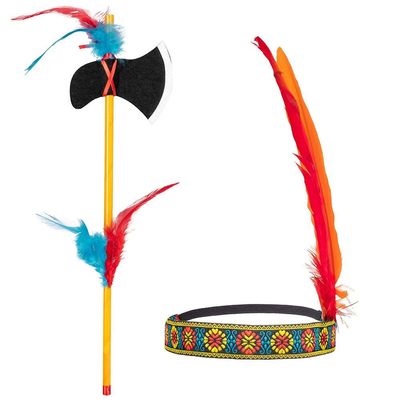 Boland - 44093 - Indian set, headband and axe, length 35 cm, tomahawk, multicoloured, extendable, decorated with feathers, boss, wild west, costume, carnival, theme party