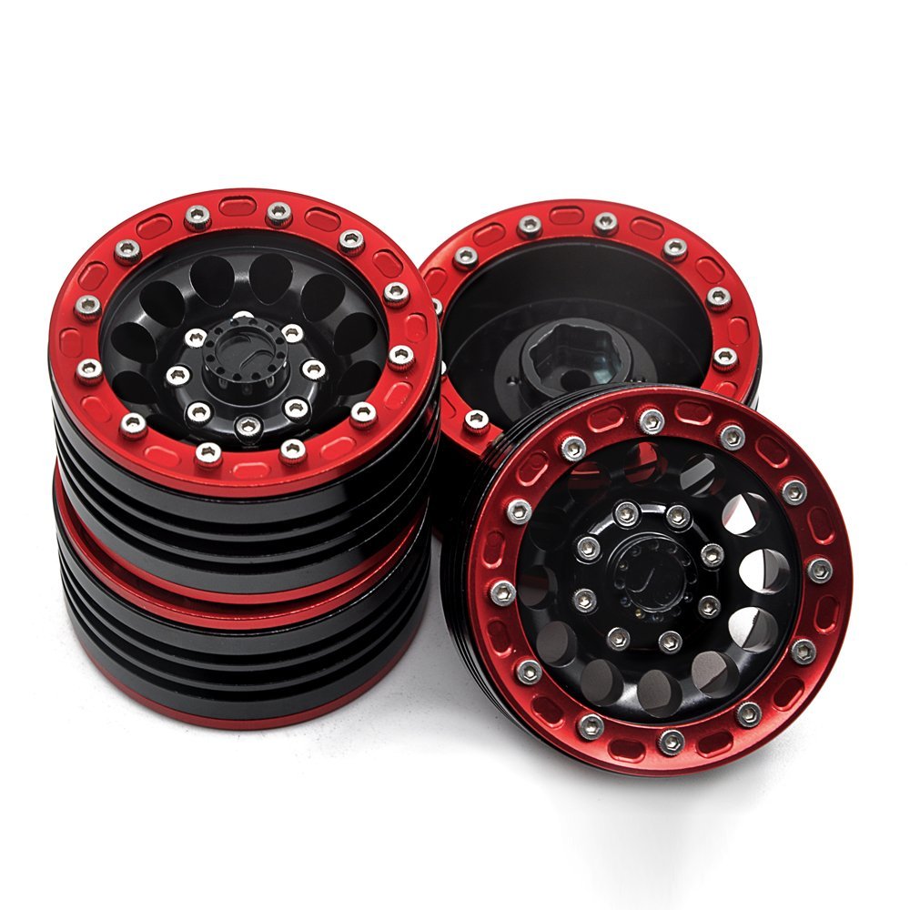 Aluminum Alloy 1.9" Beadlock Wheel Rims for 1/10 RC Axial SCX10 CC01 D90 D110 TF2, 4Pcs (Black& Red)